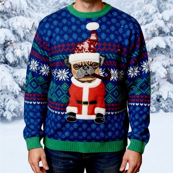 33 Degrees Pug Santa Ugly Christmas Sweater Size XL - Picture 2 of 8